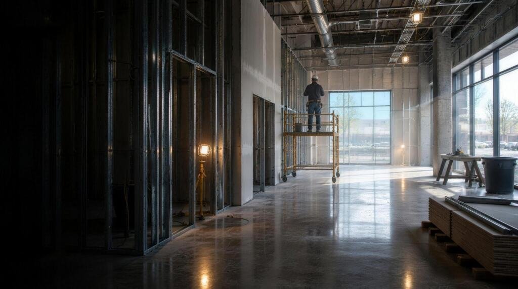 Commercial interior under renovation with steel-stud framing and a worker on a scaffold (AI-generated illustration)