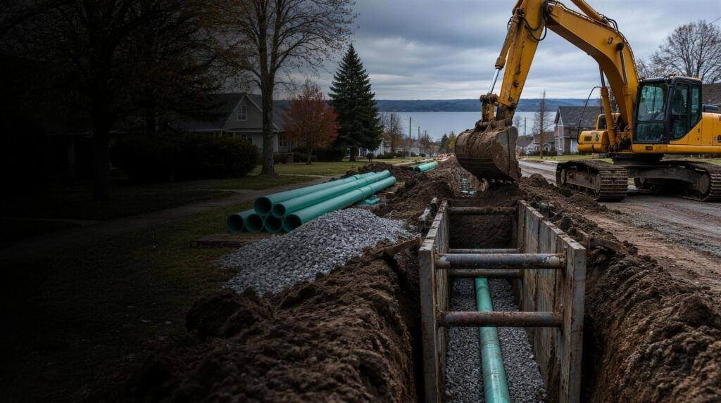 Excavator digging a trench for a water and sewer main, with pipe and stone bedding beside it (AI-generated illustration)