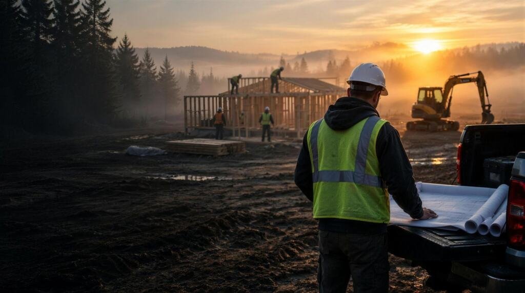 Foreman reviewing plans on a truck tailgate while a crew frames a building at sunrise (AI-generated illustration)