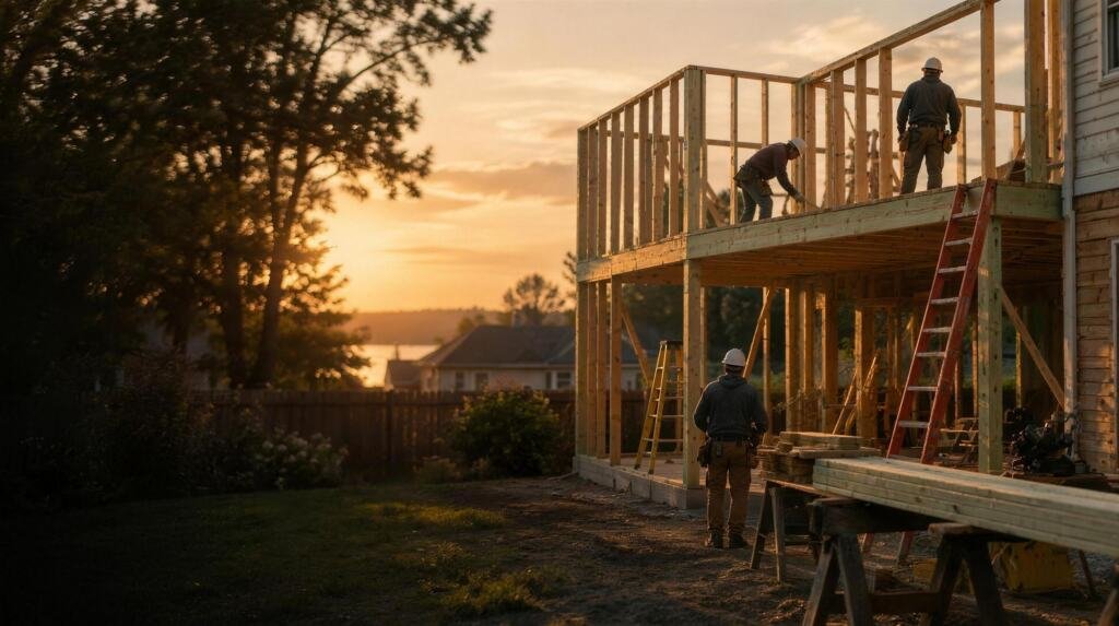 Carpentry crew framing a two-story house addition at sunset (AI-generated illustration)