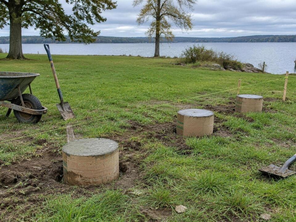 Illustration: four freshly poured round concrete piers in a row on a lakeside lot