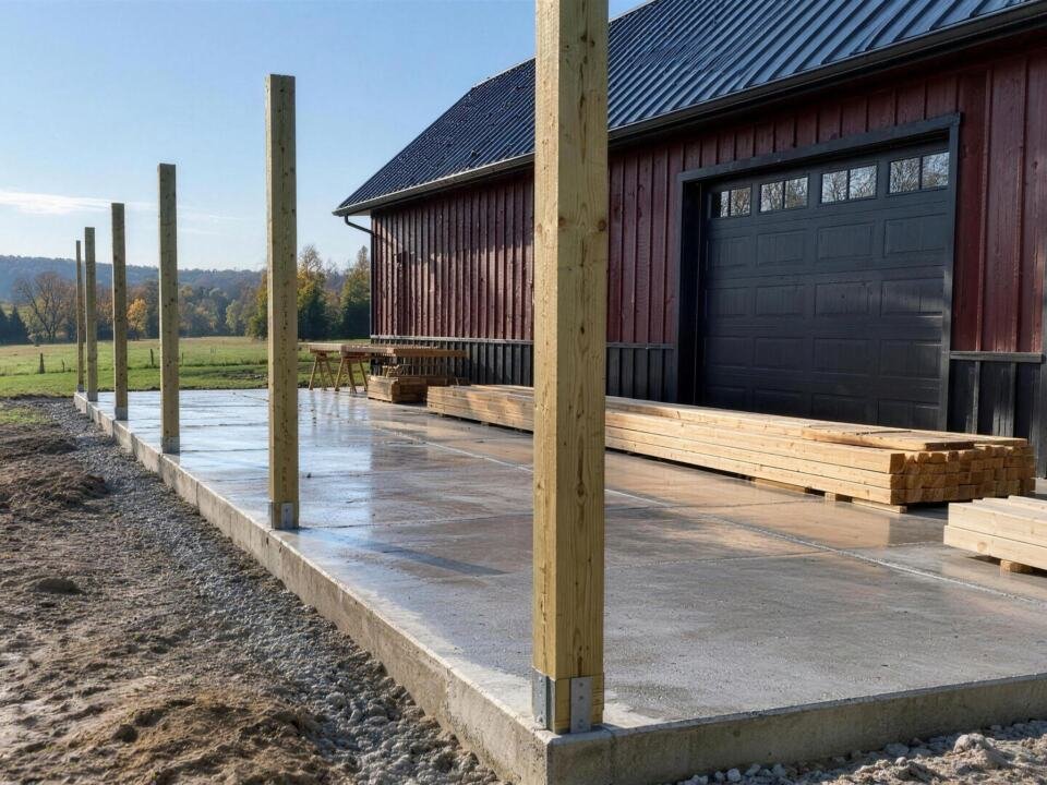 Illustration: a 16 by 40 foot lean-to awning going up along a garage, with a poured concrete pad and posts standing