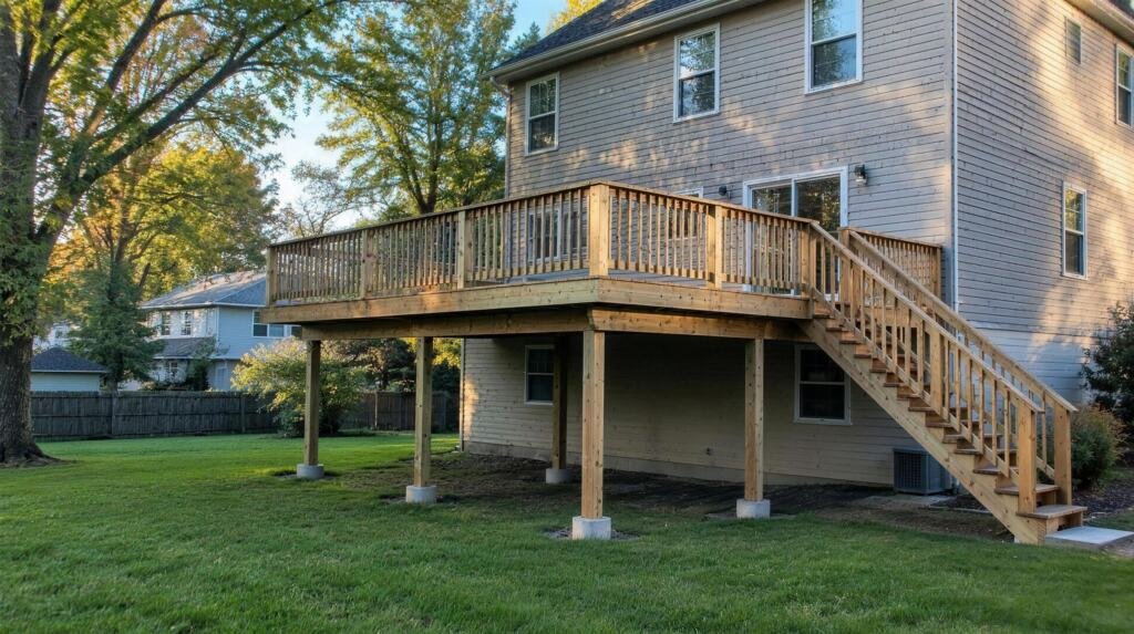 Illustration: a finished second-story wooden deck on tall posts at the back of a two-story house, with stairs to the yard