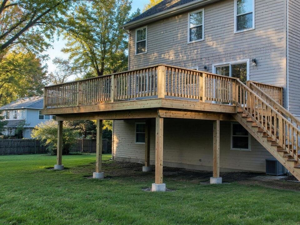 Illustration: a finished second-story wooden deck on tall posts at the back of a two-story house, with stairs to the yard