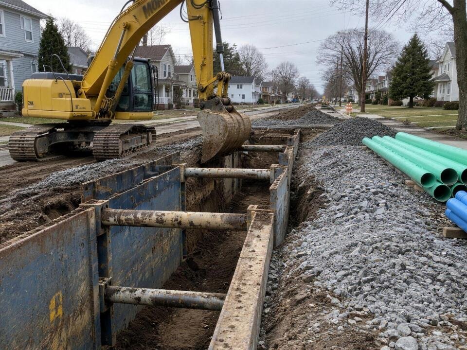 Illustration: an excavator digging a trench along a residential street for new sewer and water mains, with pipe and crushed stone staged