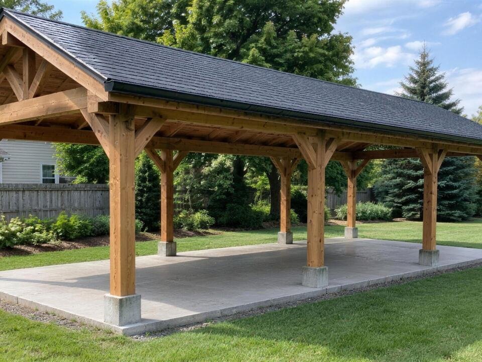 Illustration: a 12 by 30 foot single-gable timber gazebo with a gutter along the eave in a backyard